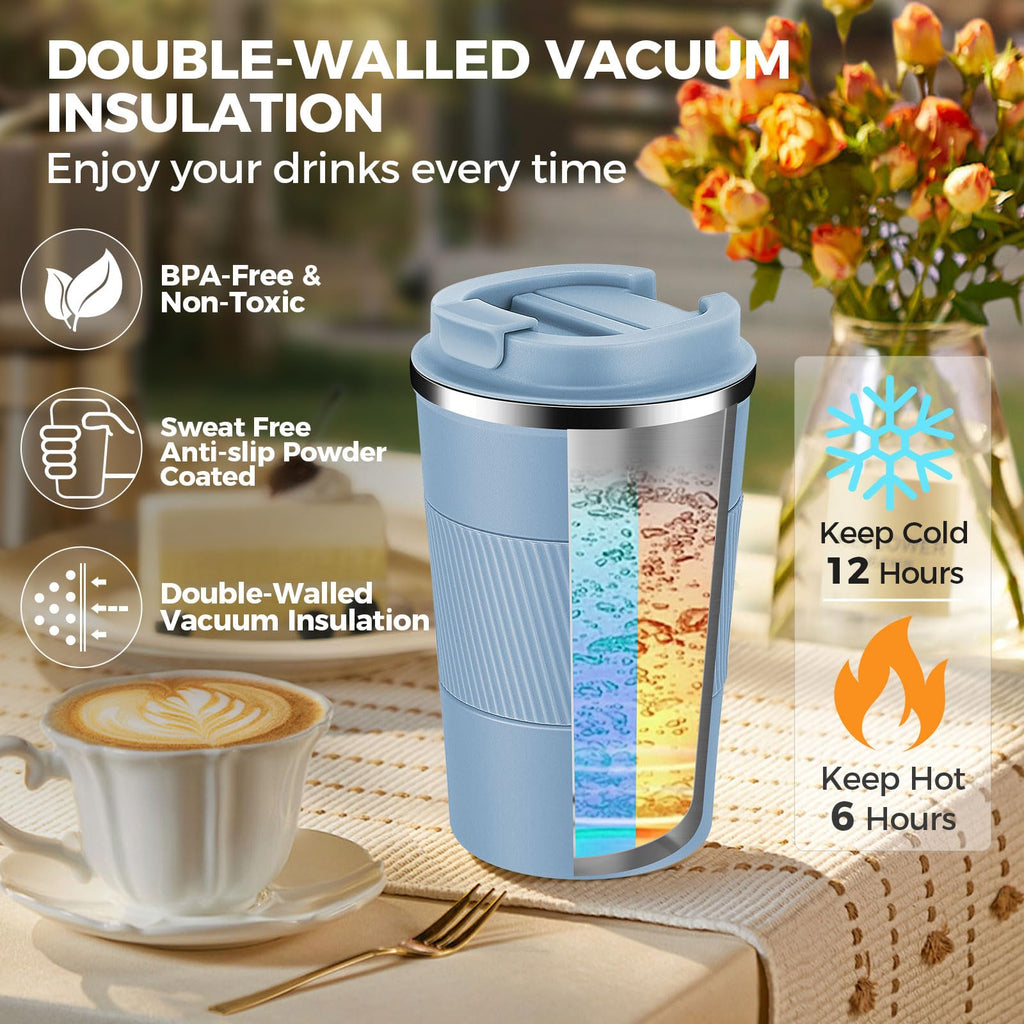 Volhoply 13 oz Stainless Steel Insulated Travel Coffee Mug with Fip Lid Bulk 2 Pack,Reusable Double Wall Vacuum Metal Coffee Cup,Portable Leak Proof Thermal Tumbler for Hot & Cold Drinks(Fog,2)