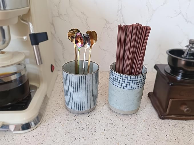 Stoneware Coffee Bar Utensil Holder Tea & Coffee Spoon & Stirrer Holder for Stir Stick Straw Teaspoon Holder Spoon Cup Small Utensil Jar (Blue Stripes)