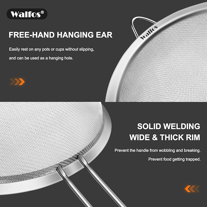 Walfos Large Fine Mesh Strainer 9.5" & 8", Stainless Steel Mesh Sieve with Sturdy Handle, Kitchen Metal Food Strainers for Quinoa, Rice, Pasta, Fruits, Vegetables, etc., Set of 2