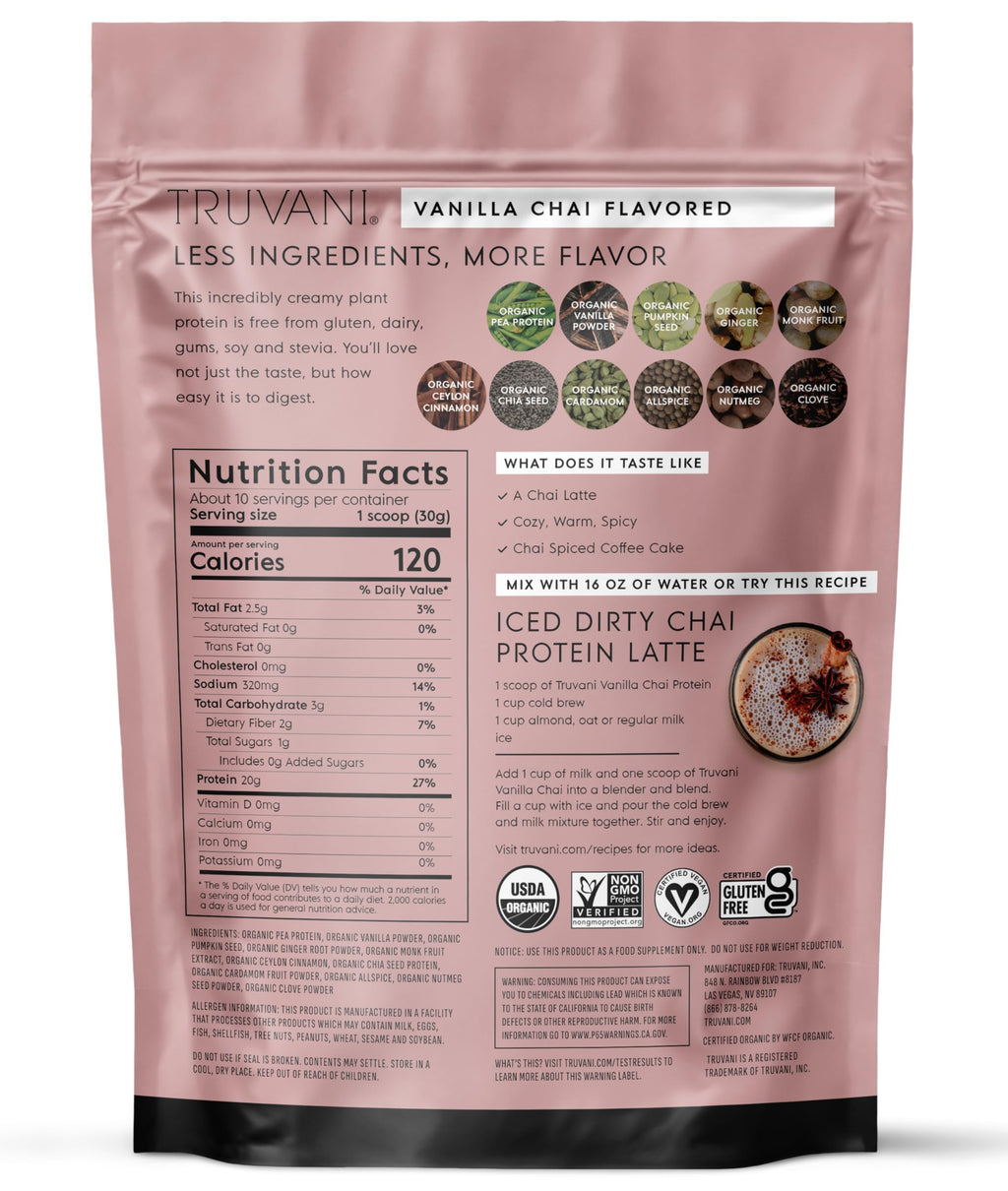 Truvani Organic Plant Based Protein Powder | Vanilla Chai | 10 Servings