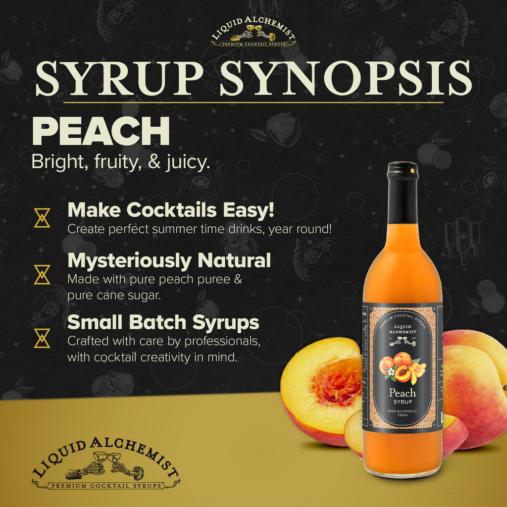 Liquid Alchemist Peach Syrup for Cocktails | Real Ingredients Make our Peach Syrup for Drinks a Perfect Bellini Mix | Small Batch, Non-GMO & Vegan | 25.4 oz Drink Mixer, Pack of 1