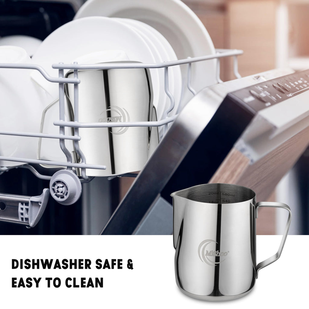 MiShoo™ Milk Frothing Pitcher 20oz – 304 Stainless Steel Milk Frother Cup for Espresso, Latte & Cappuccino – Mixing Pitcher with Spouse Rustproof, Precise Pour Spout, Easy-Clean Espresso Accessories