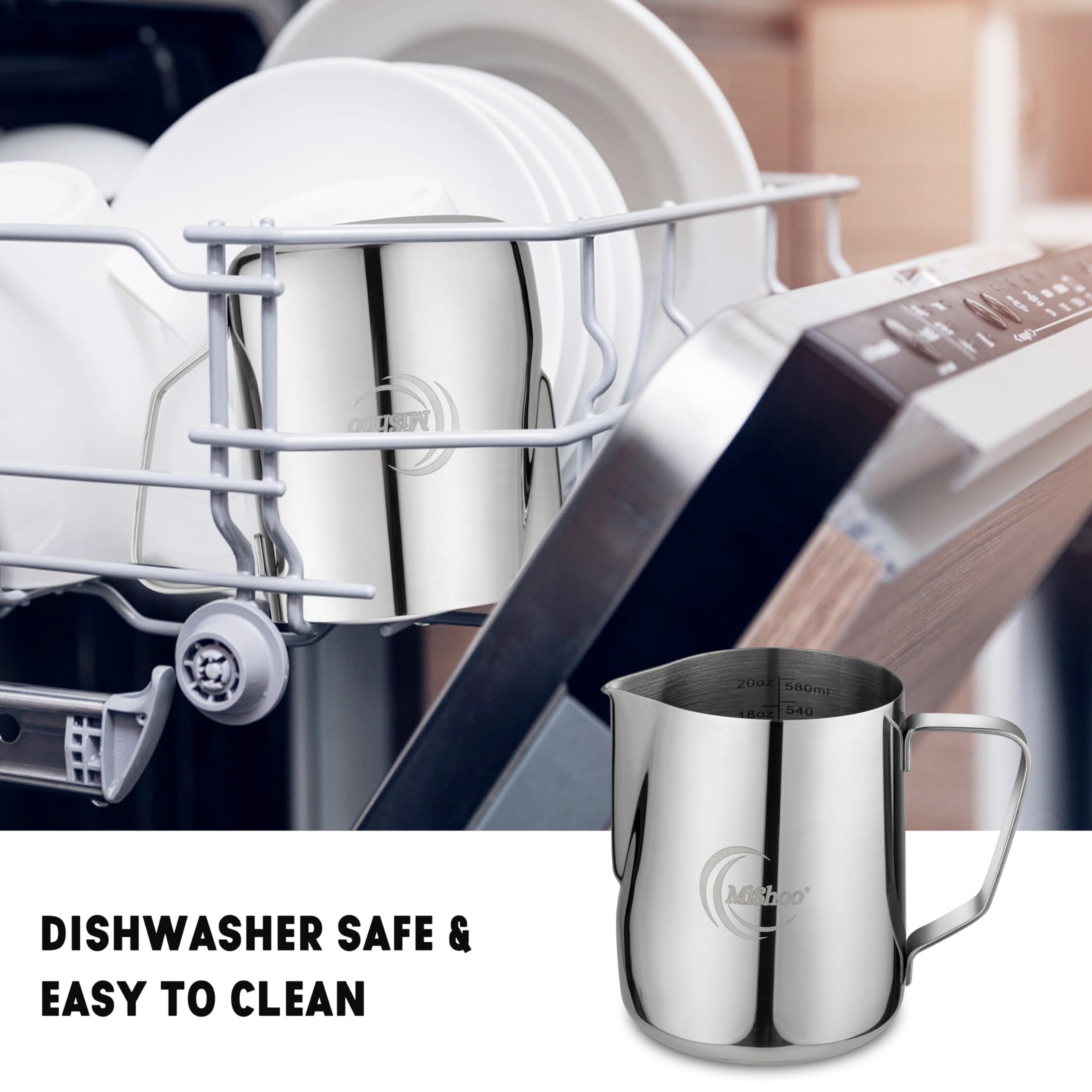 MiShoo™ Milk Frothing Pitcher 20oz – 304 Stainless Steel Milk Frother Cup for Espresso, Latte & Cappuccino – Mixing Pitcher with Spouse Rustproof, Precise Pour Spout, Easy-Clean Espresso Accessories