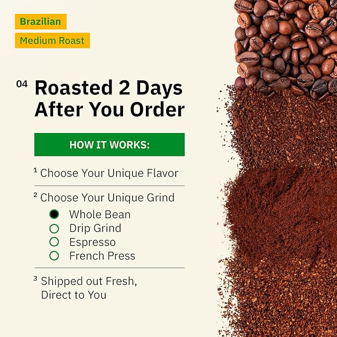 Brazilian Santos Medium Roast Coffee Beans - Single Origin Arabica Coffee Beans, Freshly Roasted to Order, Whole Bean Coffee Low Acid with Smooth Cocoa Notes, Specialty Grade and Fair Trade - 5LB