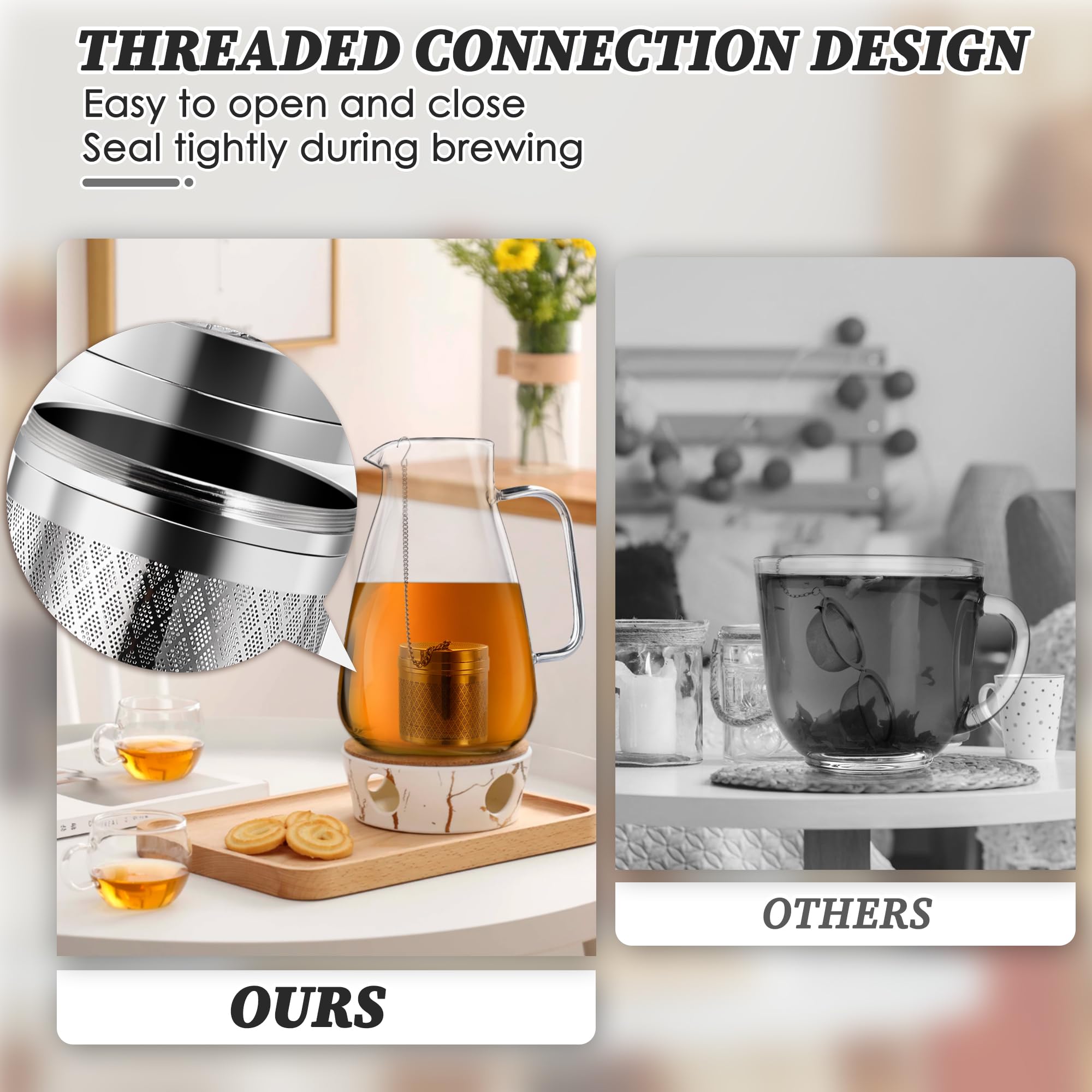 Yoassi Tea Infusers for Loose Tea, 2 Pack Extra Fine Mesh Tea Strainers, 18/8 Stainless Steel Loose Leaf Tea Steeper Tea Diffusers with Extended Chain Hook and Drip Tray