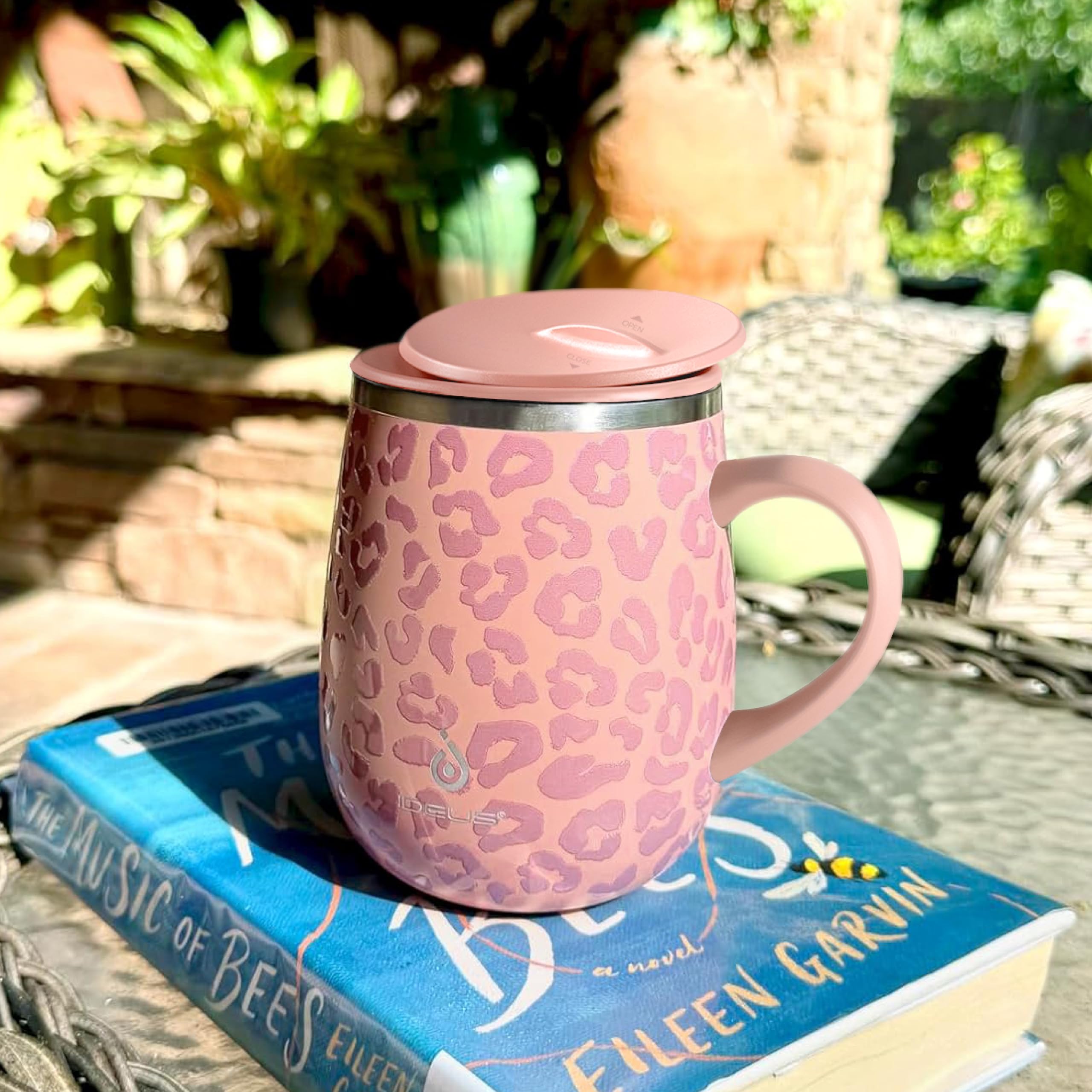 Ideus 16 oz (470 ml) Insulated Coffee Mug with Handle and Lid, Double Wall Stainless Steel Vacuum Thermal Coffee Mug, Travel Coffee Cup Thermal Cup for Home and Office, Leopard Pink