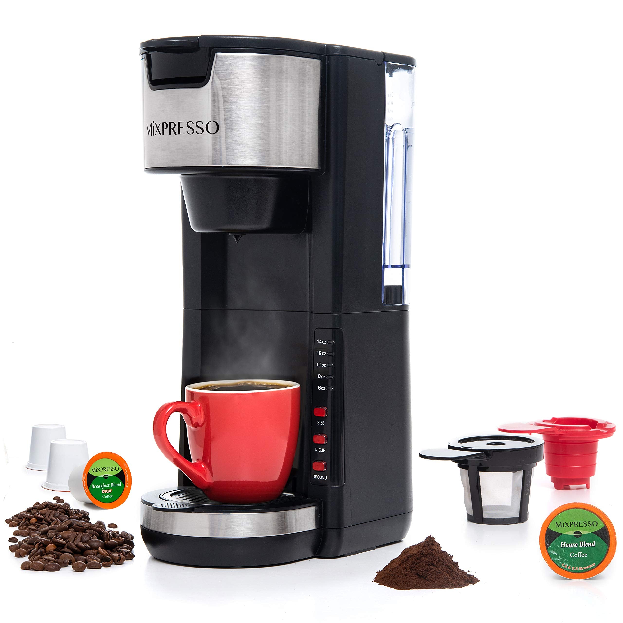 Mixpresso Black Single Serve Coffee Brewer K-Cup Pods Compatible & Ground, 30 oz Compact Coffee Maker Single Serve With 5 Brew Sizes Up To 14 Oz, Fits Travel Mug, Adjustable Drip Tray