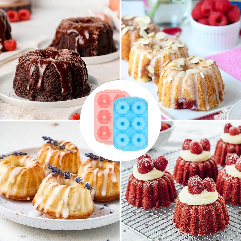 FUNBAKY Mini Fluted Tube Cake Pans for Baking with Metal Reinforced Frame, 2Pcs Silicone 6-Cavity Mini Flan Molds, Nonstick Baking Mold for Cupcake, Brownie, Donuts, Cornbread, Jello