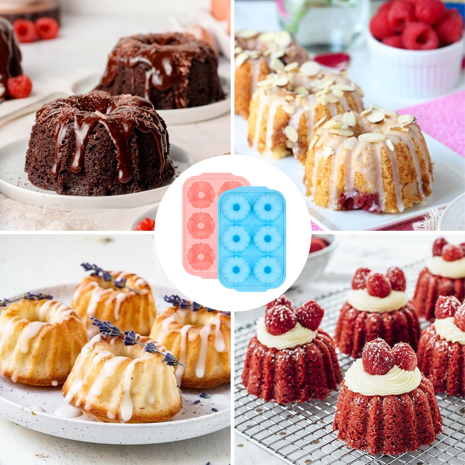 FUNBAKY Mini Fluted Tube Cake Pans for Baking with Metal Reinforced Frame, 2Pcs Silicone 6-Cavity Mini Flan Molds, Nonstick Baking Mold for Cupcake, Brownie, Donuts, Cornbread, Jello