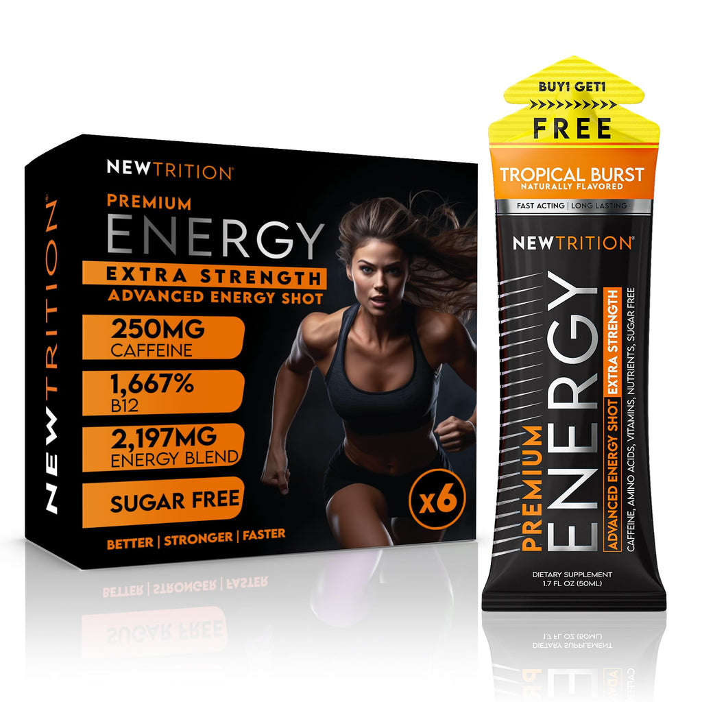 NewTrition® Extra Strength Energy Shots, 1.7 fl oz - 250mg Caffeine with Vitamin B & Amino Acids, Sugar-Free, Zero Calorie Vitamin Energy Drink for Focus & Endurance (Pack of 6, Tropical Burst)