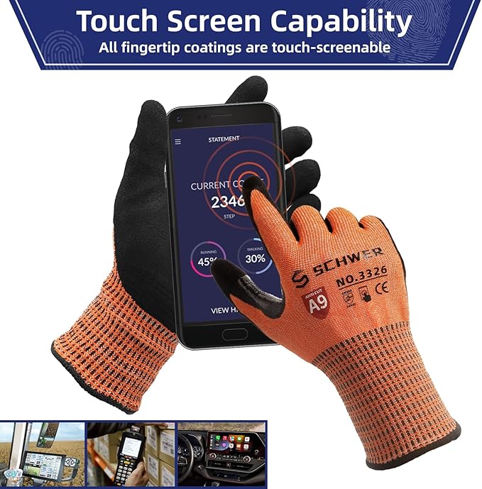Schwer ProGuard Highest Level Cut Resistant Work Gloves PR3326 for Extreme Protection，ANSI A9 Cut Gloves with Reinforced Thumb, Non Slip, Non PFAS, Durable, Touch-screen, Orange 1 Pair(XXL)