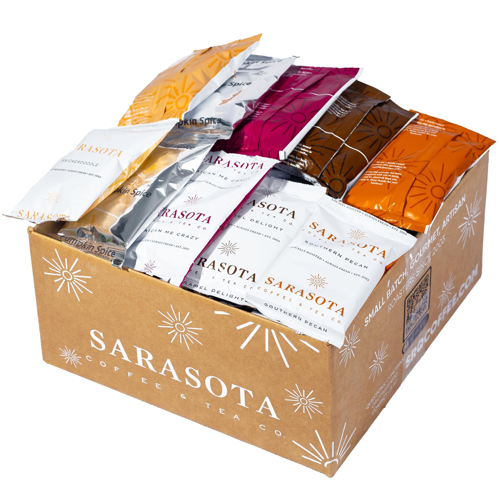 Flavored Ground Coffee Sampler Pack – Variety Gift Set, Medium Roast, Low Acid, Pre-Measured 2oz Pouches, Gourmet Bulk Coffee Packets for 12-Cup Drip Makers