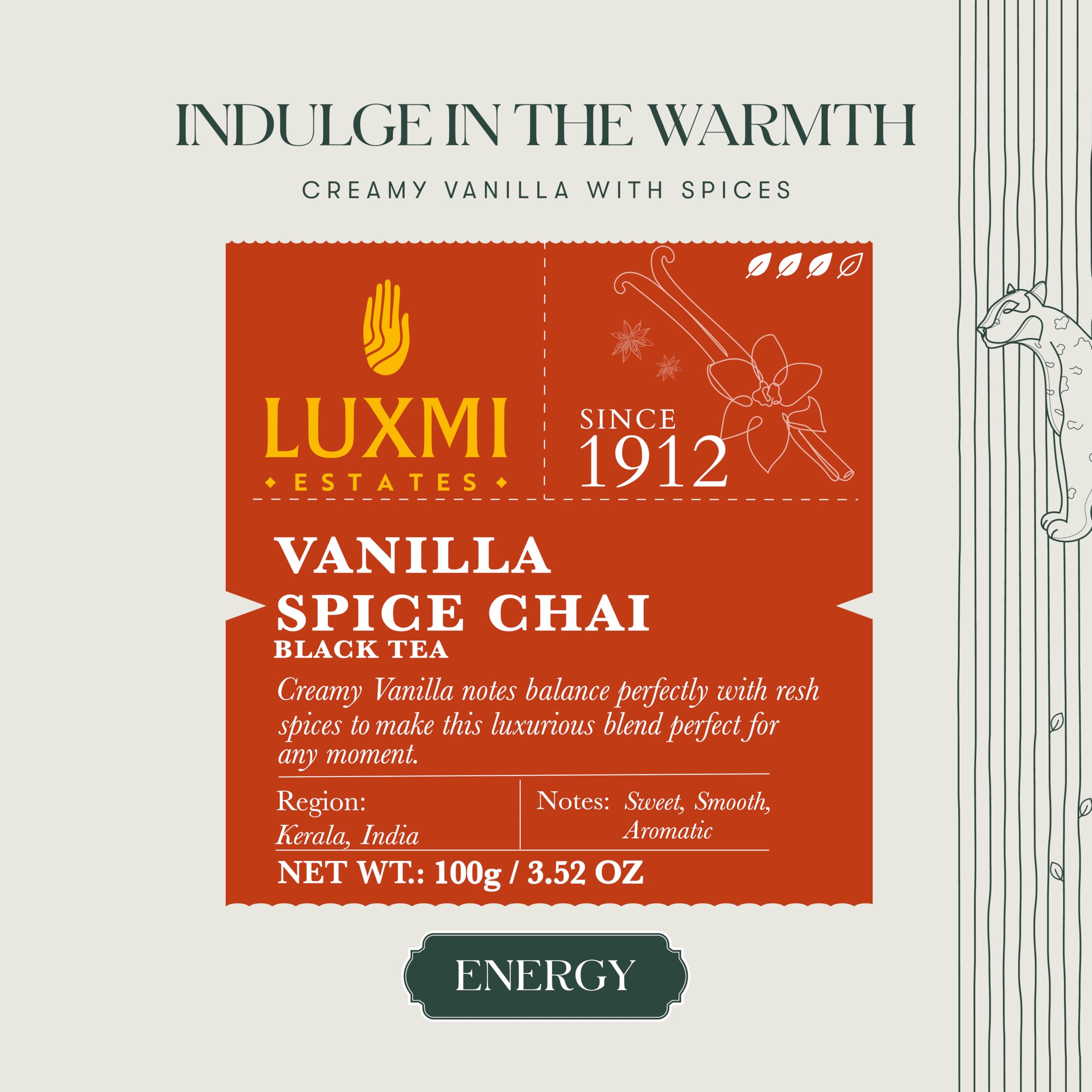 LUXMI Estates Vanilla Spice Chai Loose Leaf Black Tea 100g/3.52oz (50 cups) | Smooth, Flavorful, Robust, Caffeinated