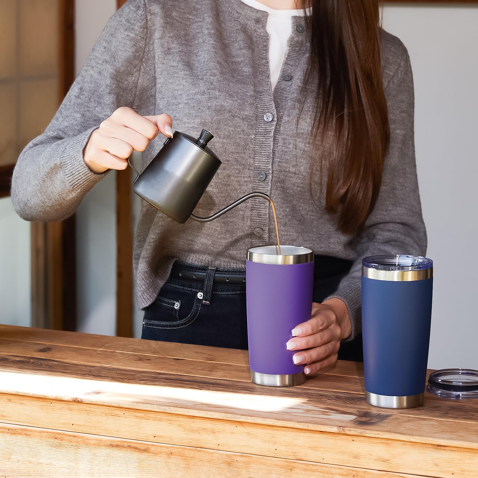 MEWAY 20oz Tumbler 4 Pack Double Wall Vacuum Insulated Travel Mug Bulk, Stainless Steel Tumblers with Lid and Straw, Durable Powder Coated Coffee Cups for Cold & Hot Drinks (Purple, 4)