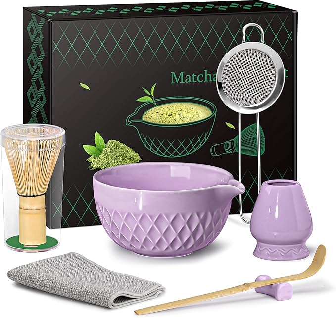 Matcha Whisk Set, 7 Pcs Matcha Kit, Ceramic Matcha Set Includes Matcha Bowl with Spout, Matcha Whisk and Holder, Bamboo Scoop, Scoop Rest, Sifter and Tea Towel (Royal Purple)