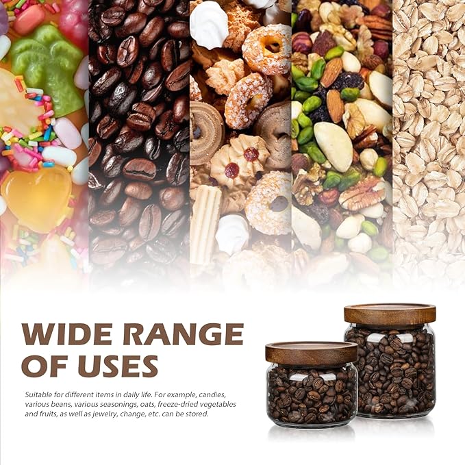 1 PC Small Glass Storage Jars with Airtight Lids, 17 fl oz (500ml) coffee container with Wooden Lid, Glass Pantry Canister for Beans, Rice, Sugar and etc