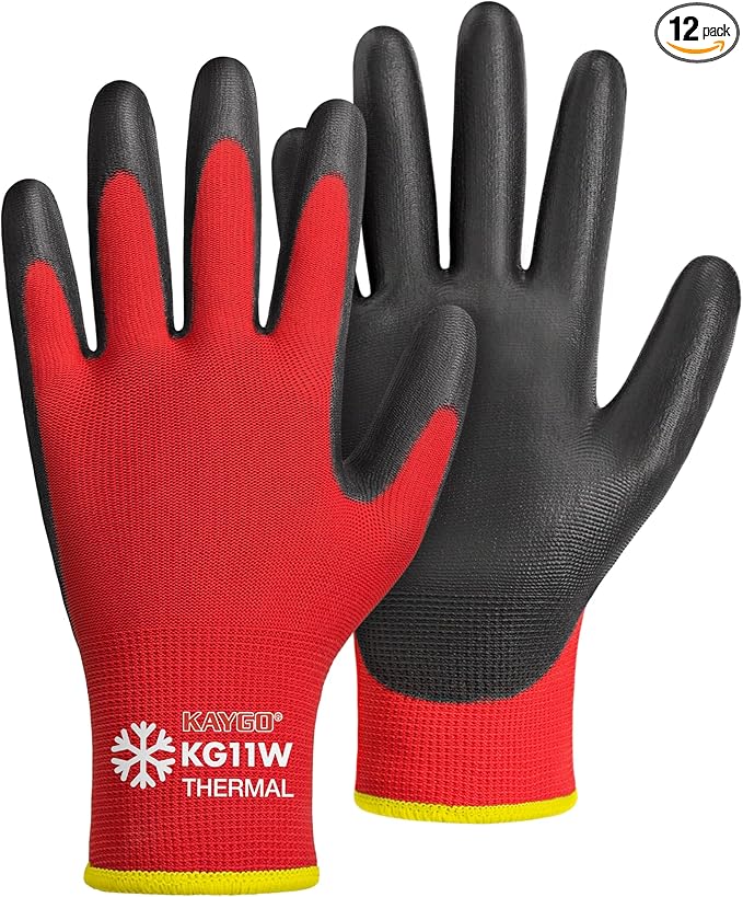KAYGO Winter Work Gloves for Men and Women, 12 Pairs Thermal Insulated Safety Work Gloves PU Coated, Smooth Grip on Palm & Fingers,Ideal for Freezer Work,Red,L
