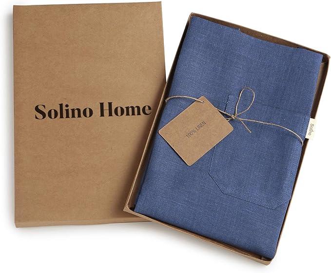 Solino Home Linen Kitchen Apron for Men & Women - 100% Pure Linen Blue/Navy Bib Apron with Front Pockets - Handcrafted from European Flax