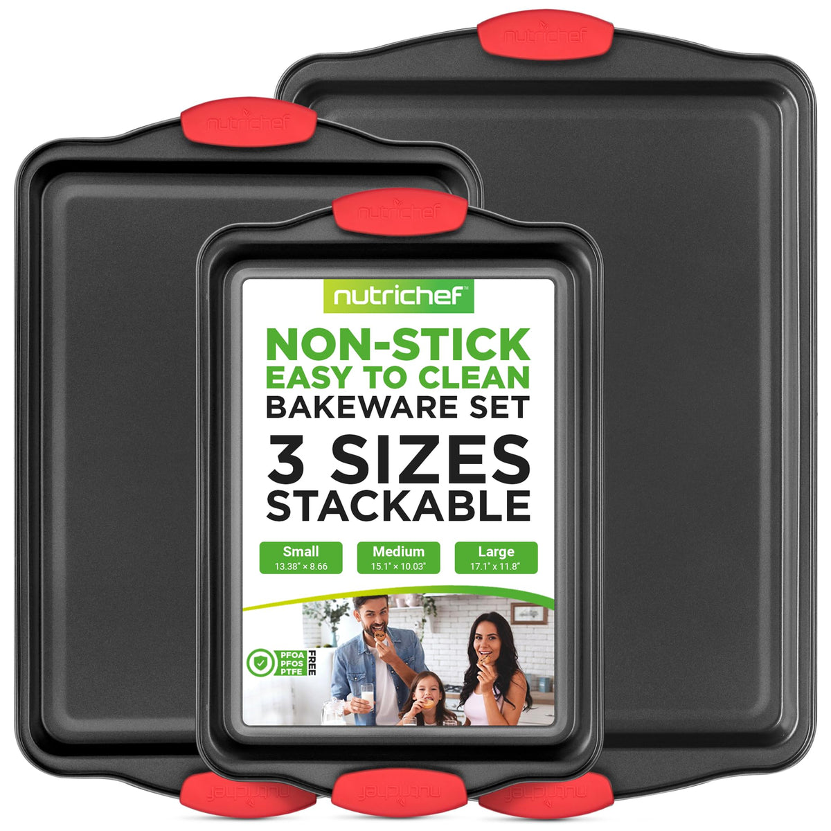 NutriChef 3‑Piece Nonstick Cookie Sheets – Carbon Steel Baking Sheet Set with Non Stick Coating & Red Silicone Handles – Oven Pans for Family Baking