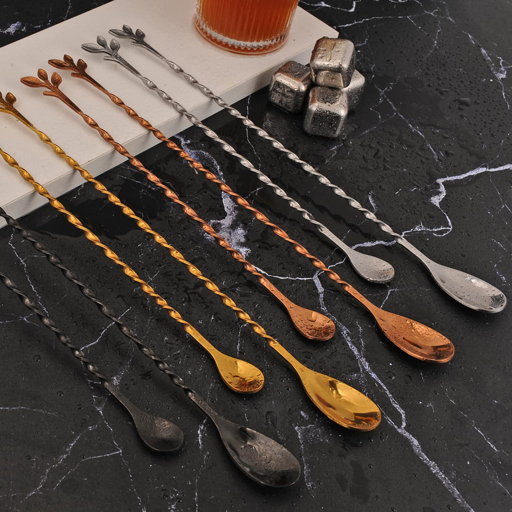 AnSaw Black 10-Inch Stainless Steel Cocktail Spoon with Leaf Handle