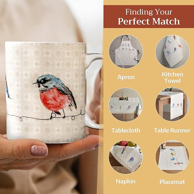 Maison d' Hermine Coffee Mug with Handles Fine Bone China Mugs Pack of Two Tea Cups for Hot Beverages Cappuccino Latte Home Restaurant Office Perfect for Gift (Birdies On Wire, 12 Ounce)