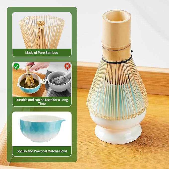 Aganippe 7 Pcs Matcha Whisk Set,Matcha Set, Matcha Kit, Matcha Tea Set,Matcha Bowl Set with Cat Scoop Holder, Tea Cloth, Sifter(Gradient Turquoise)