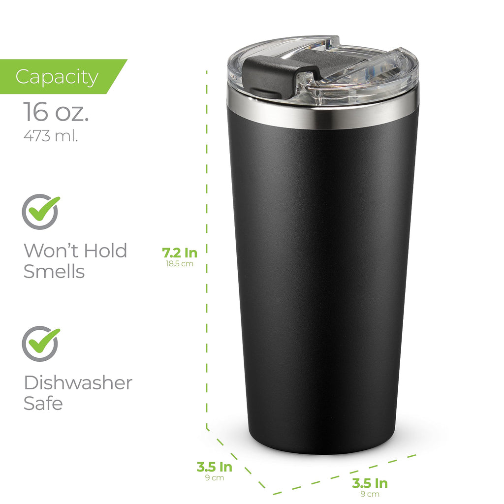 SIPX™ 16 oz Insulated Coffee Tumbler with Leakproof Lid – Stainless Steel, Vacuum Insulated – Keeps Drinks Hot or Cold for Hours – Cupholder Friendly Travel Mug – Black
