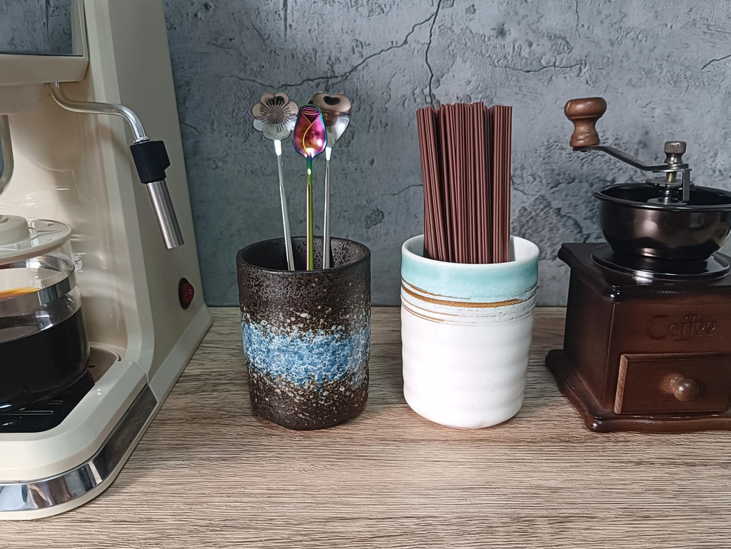 TOPYOKK Stoneware Coffee Bar Utensil Holder Tea & Coffee Spoon & Stirrer Holder for Stir Stick Straw Teaspoon Holder Espresso Spoon Cup Small Utensil Jar (Sea Water)