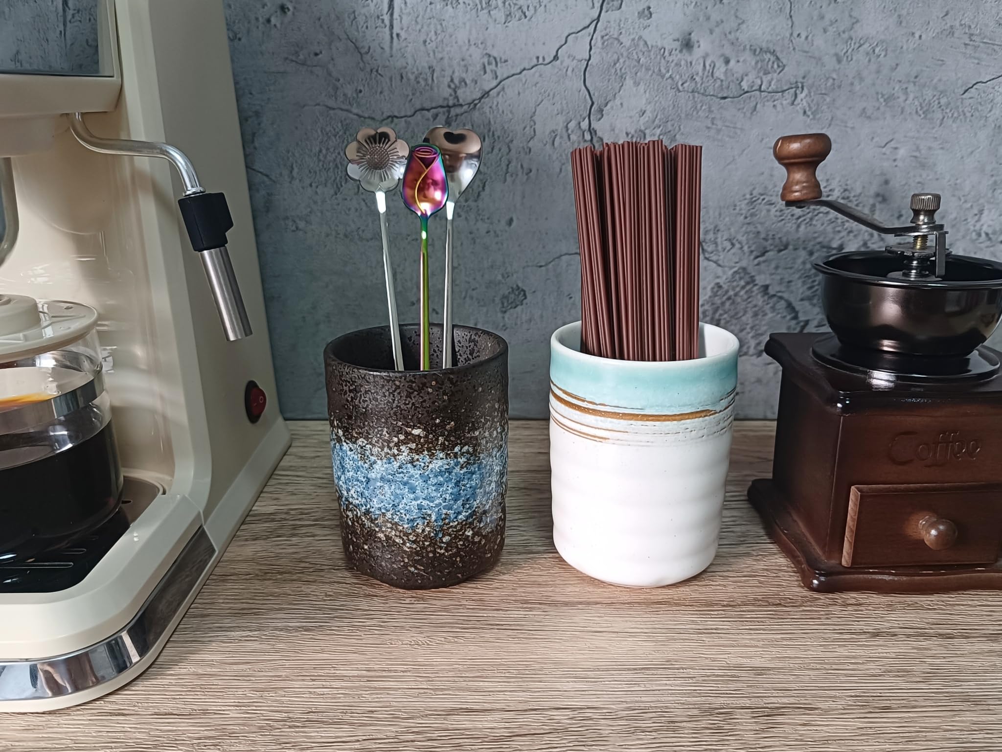 TOPYOKK Stoneware Coffee Bar Utensil Holder Tea & Coffee Spoon & Stirrer Holder for Stir Stick Straw Teaspoon Holder Espresso Spoon Cup Small Utensil Jar (Sea Water)