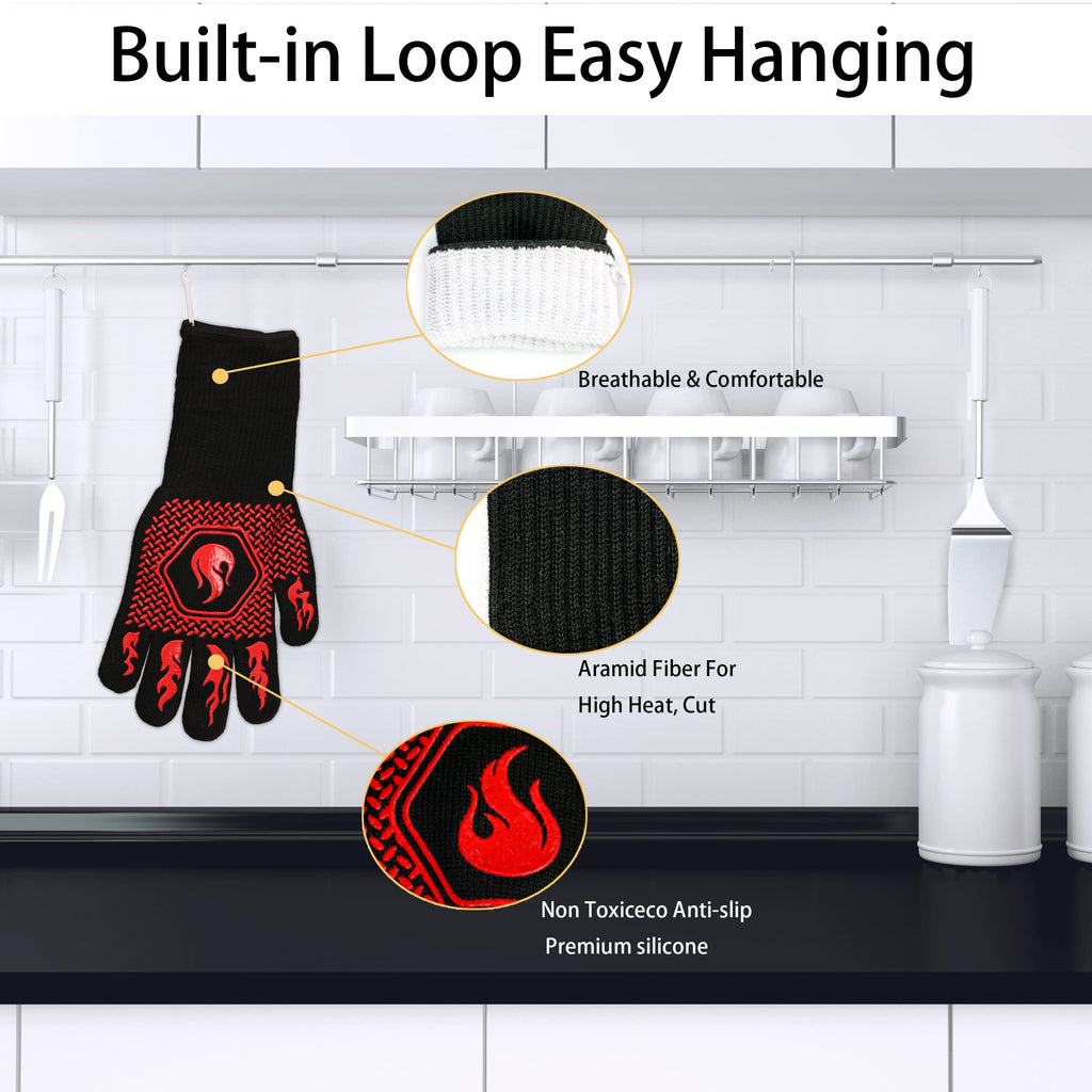 BBQ Gloves 1472F Heat Resistant Non-Slip Silicone 13.8in (Red)