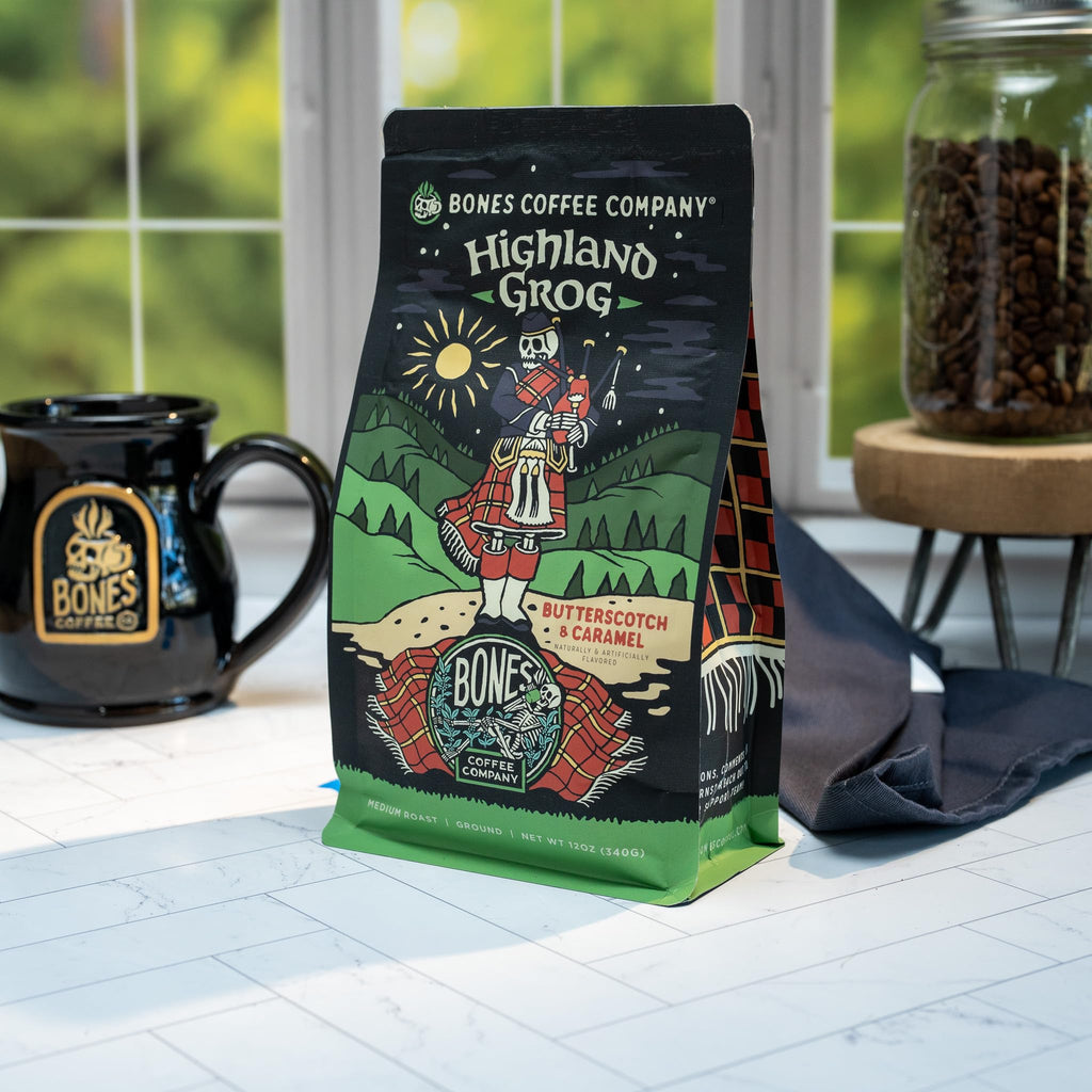 Bones Coffee Company Highland Grog, Butterscotch Caramel Flavored Coffee, Medium Roast Low Acid Arabica Beans Compatible with Auto drip and French Press Coffee Maker, 12 Oz Whole Bean