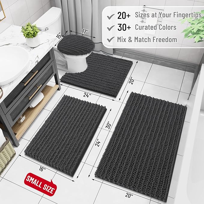 Arotive Luxury Chenille Bathroom Rug Mat, Extra Soft Thick Absorbent Shaggy Bath Rugs, Non-Slip Machine Wash Dry, Plush Bath Mats for Bathroom, Shower and Tub, 36x24, Dark Grey