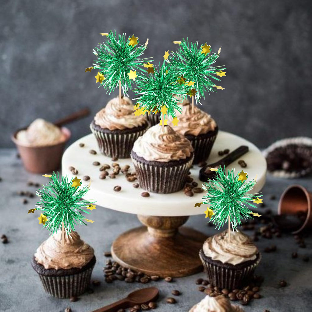30 PCS Foil Firework Cupcake Toppers Happy Birthday Star Cupcake Picks Sparkle Tinsel Drink Stirrers Cocktail Fruit Toothpicks for Valentine's Day Wedding Birthday Party Decorations Supplies Green