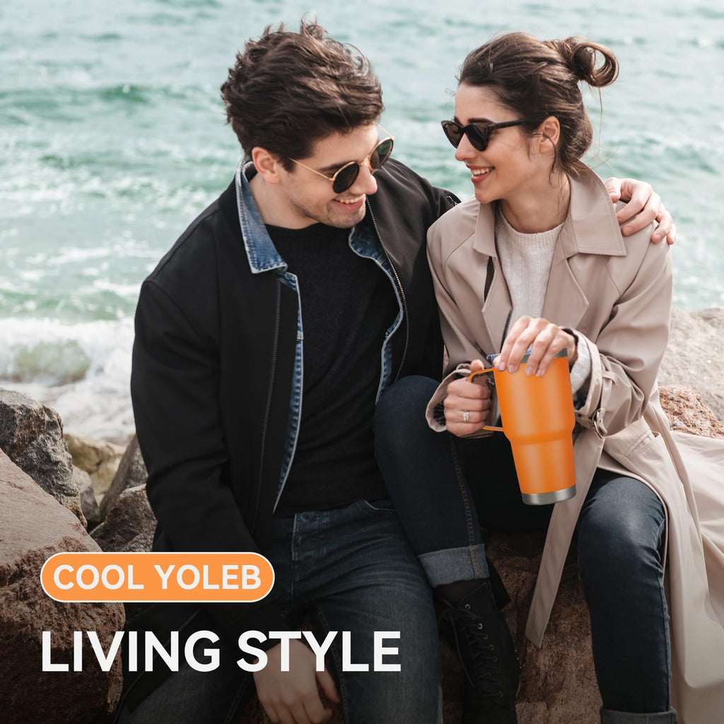 Cool Yoleb 30 oz Tumbler with Handle and Lid, Stainless Steel Tumblers Double Wall Vacuum Insulated Travel Mug Leak Proof Cup Keep Drinks Cold and Hot Orange, 1 Pack