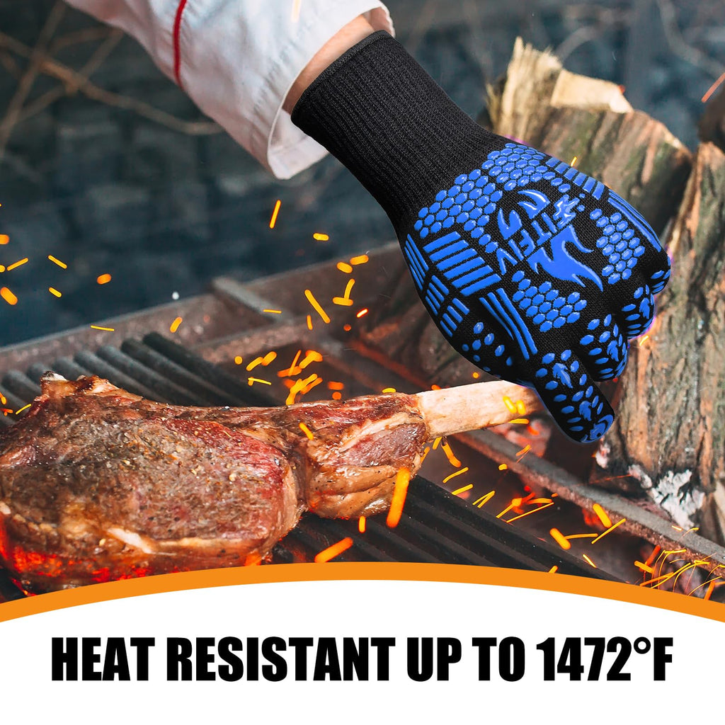 FITFIV BBQ Gloves, Oven Gloves, 1472°F Extreme Heat Resistant Barbecue Gloves, Silicone Non-Slip Oven Mitts, Kitchen for Cooking, Grilling, and Baking