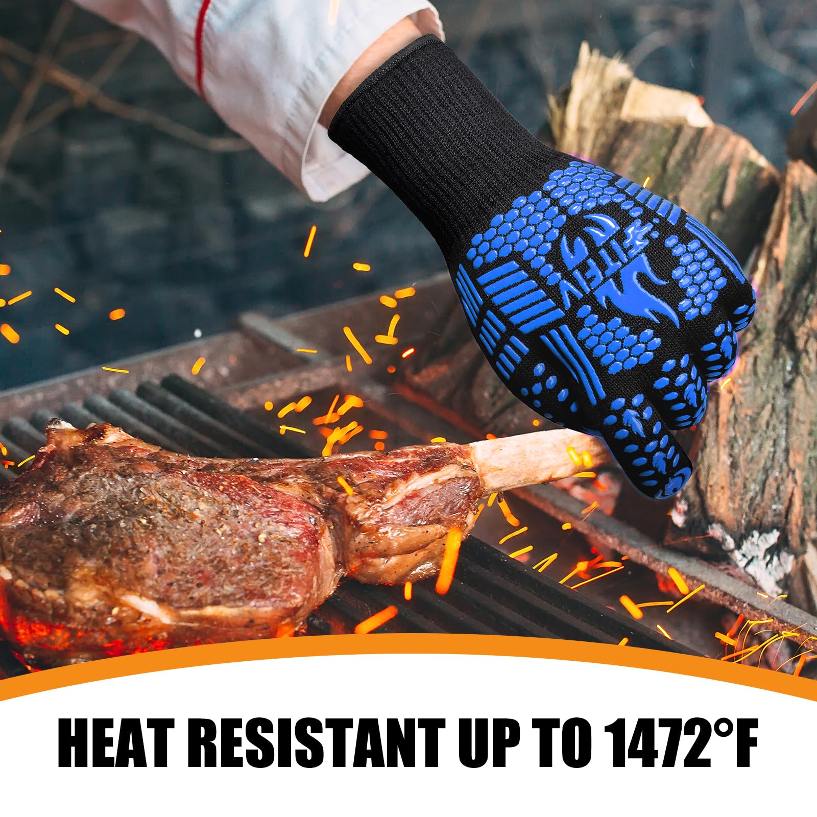 FITFIV BBQ Gloves, Oven Gloves, 1472°F Extreme Heat Resistant Barbecue Gloves, Silicone Non-Slip Oven Mitts, Kitchen for Cooking, Grilling, and Baking