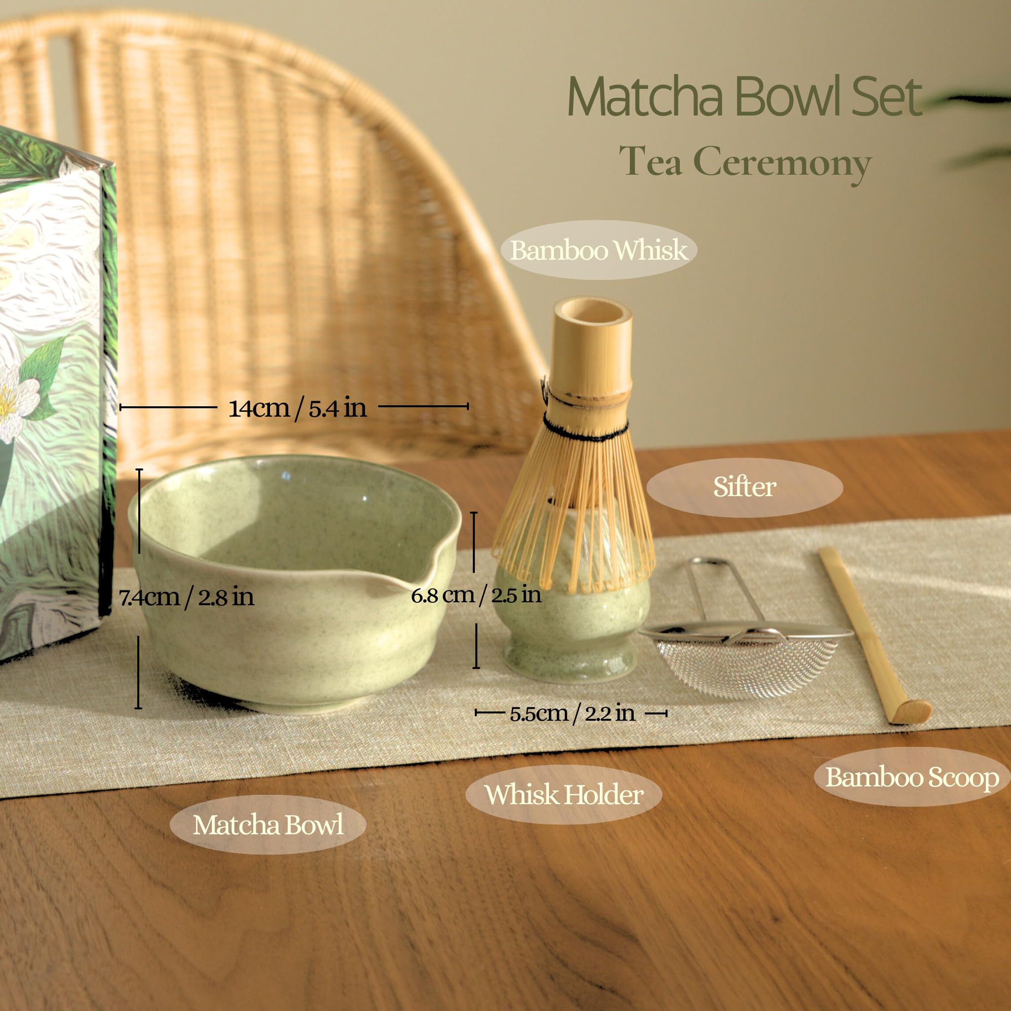 MOIY Matcha Whisk Set, Matcha Set, Handcrafted Bamboo Chasen & Ceramic Bowl Matcha Kit, 5 Pcs Matcha Set Whisk and Bowl with Stainless Steel Sifter, Tea Ceremony, Jade