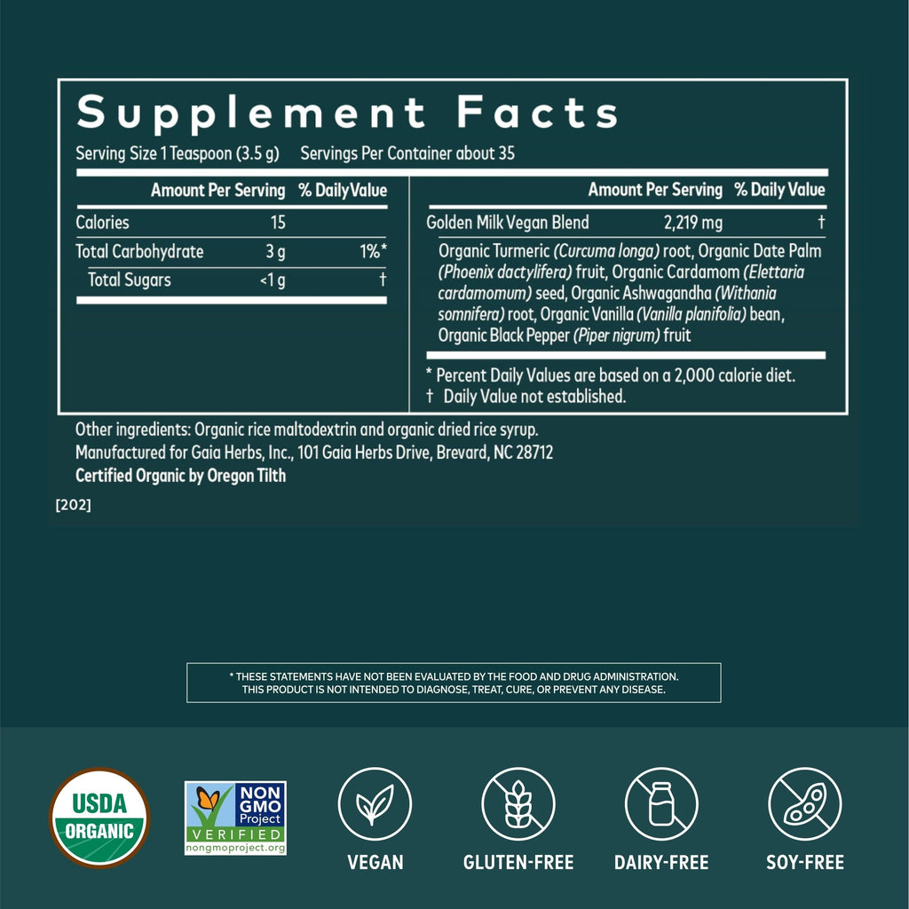 Gaia Herbs Golden Milk - Traditional Relaxation Support Supplement Powder with Organic Turmeric, Black Pepper, Ashwagandha, Cardamom & Dates for an Ayurvedic Cup of Calm* - 4.3 Oz (About 35 Servings)