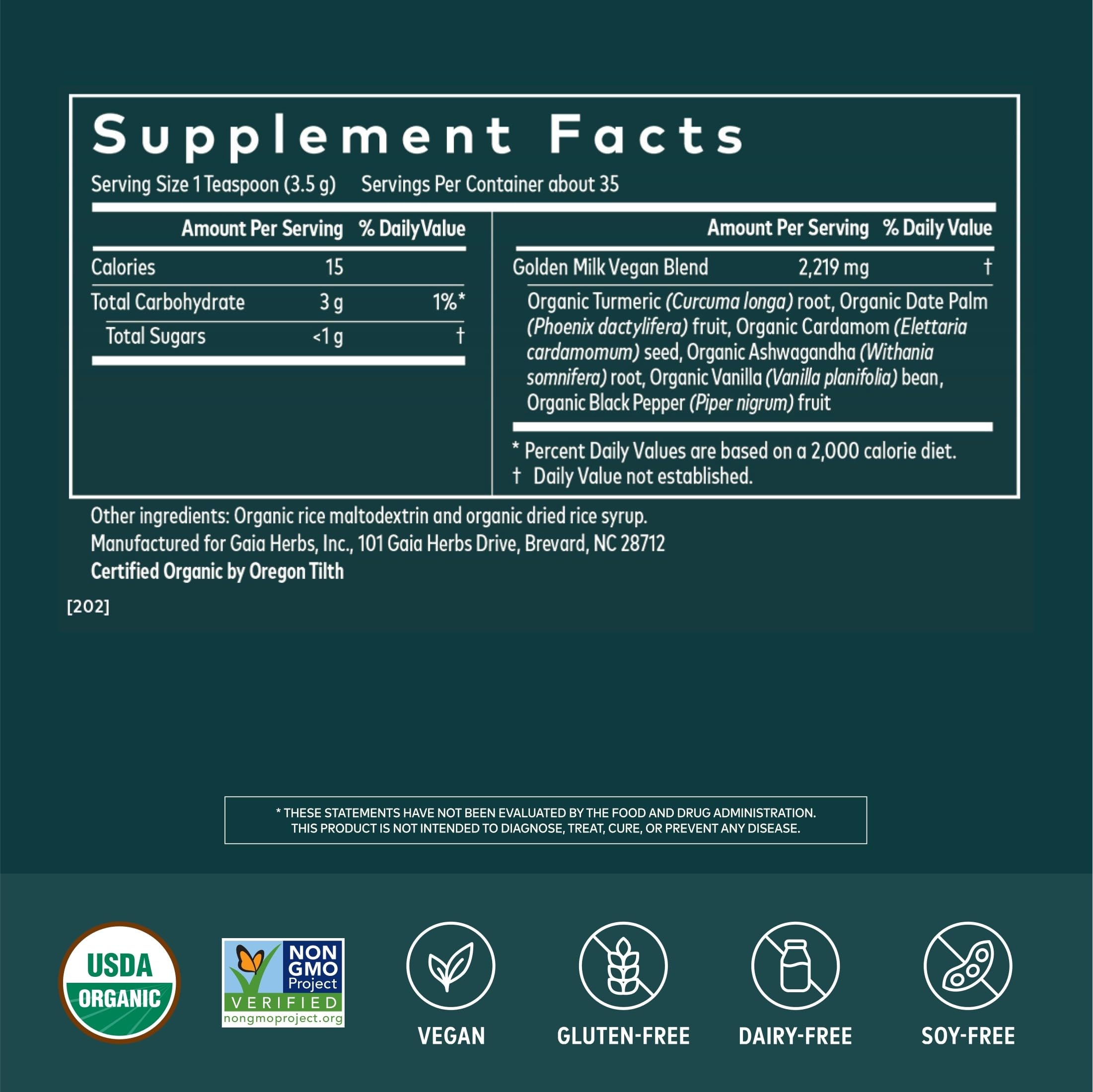 Gaia Herbs Golden Milk - Traditional Relaxation Support Supplement Powder with Organic Turmeric, Black Pepper, Ashwagandha, Cardamom & Dates for an Ayurvedic Cup of Calm* - 4.3 Oz (About 35 Servings)