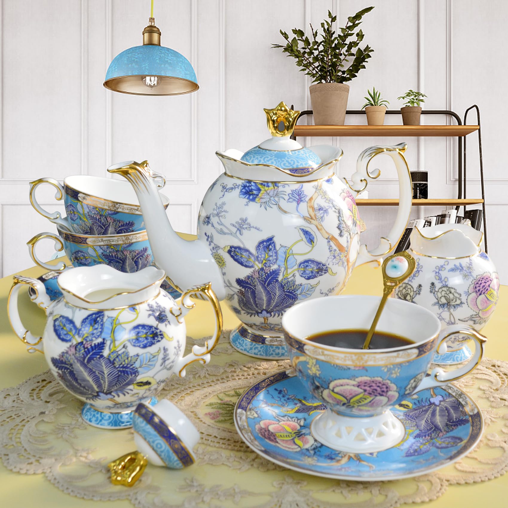 ACMLIFE Bone China Tea Cups, Tea Cup and Saucer Set for 1 Blue and White China Tea Cup 6.7oz Floral Vintage China Coffee Set for Women Party Gift Giving with Gold Trim and Gift Box