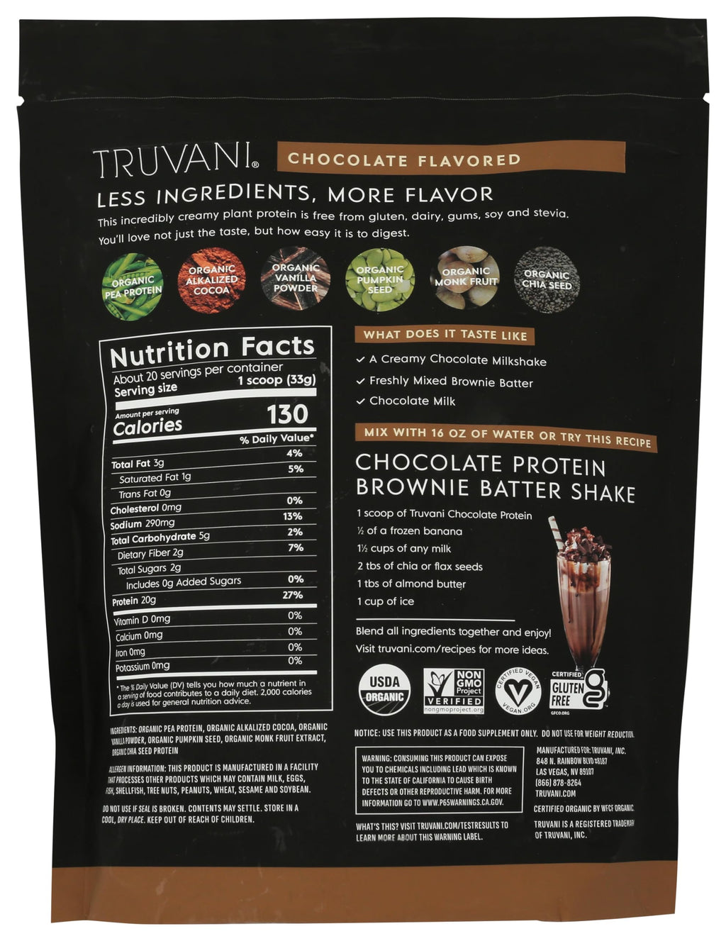 Truvani Organic Plant Based Protein Powder | Chocolate | 20 Servings