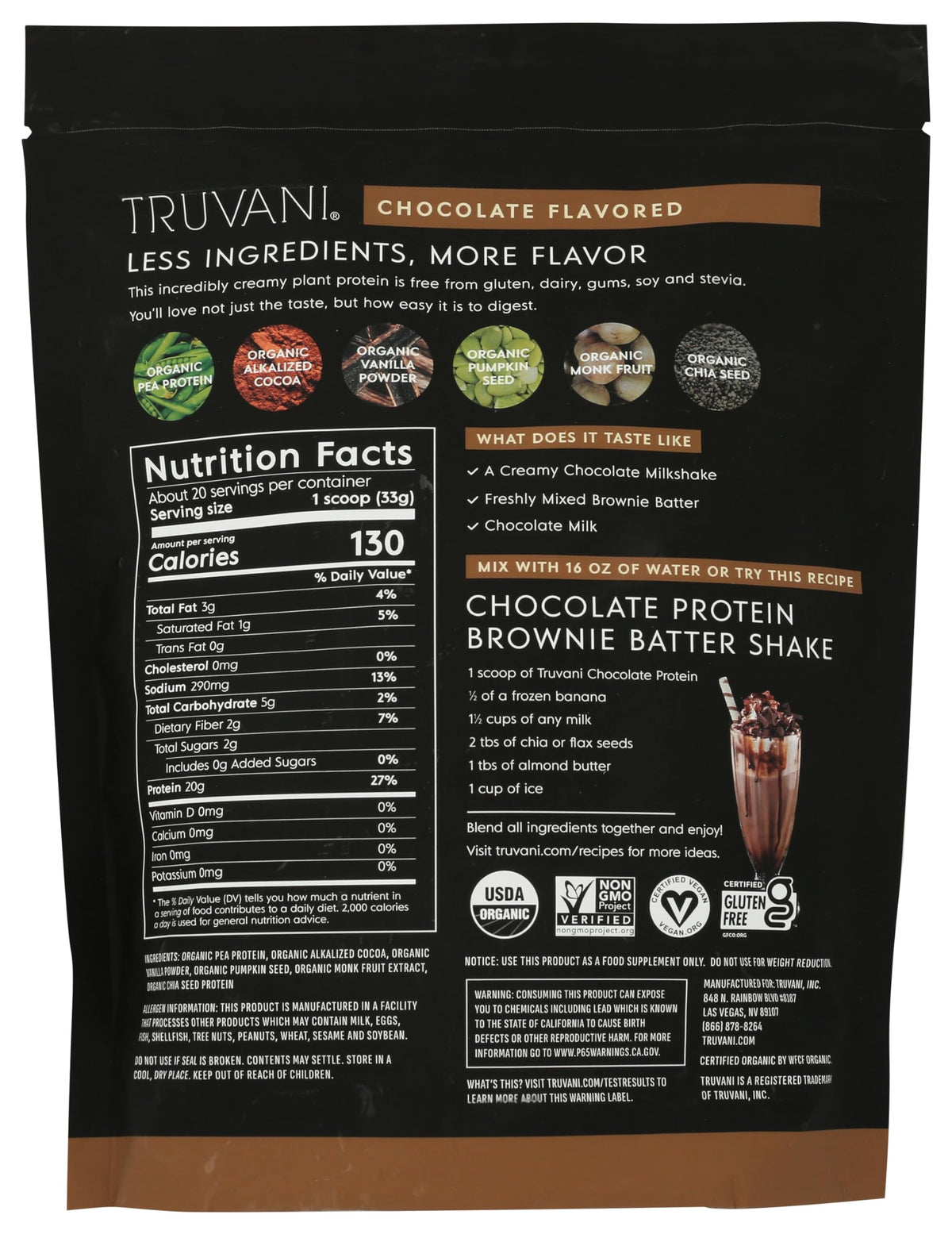 Truvani Organic Plant Based Protein Powder | Chocolate | 20 Servings