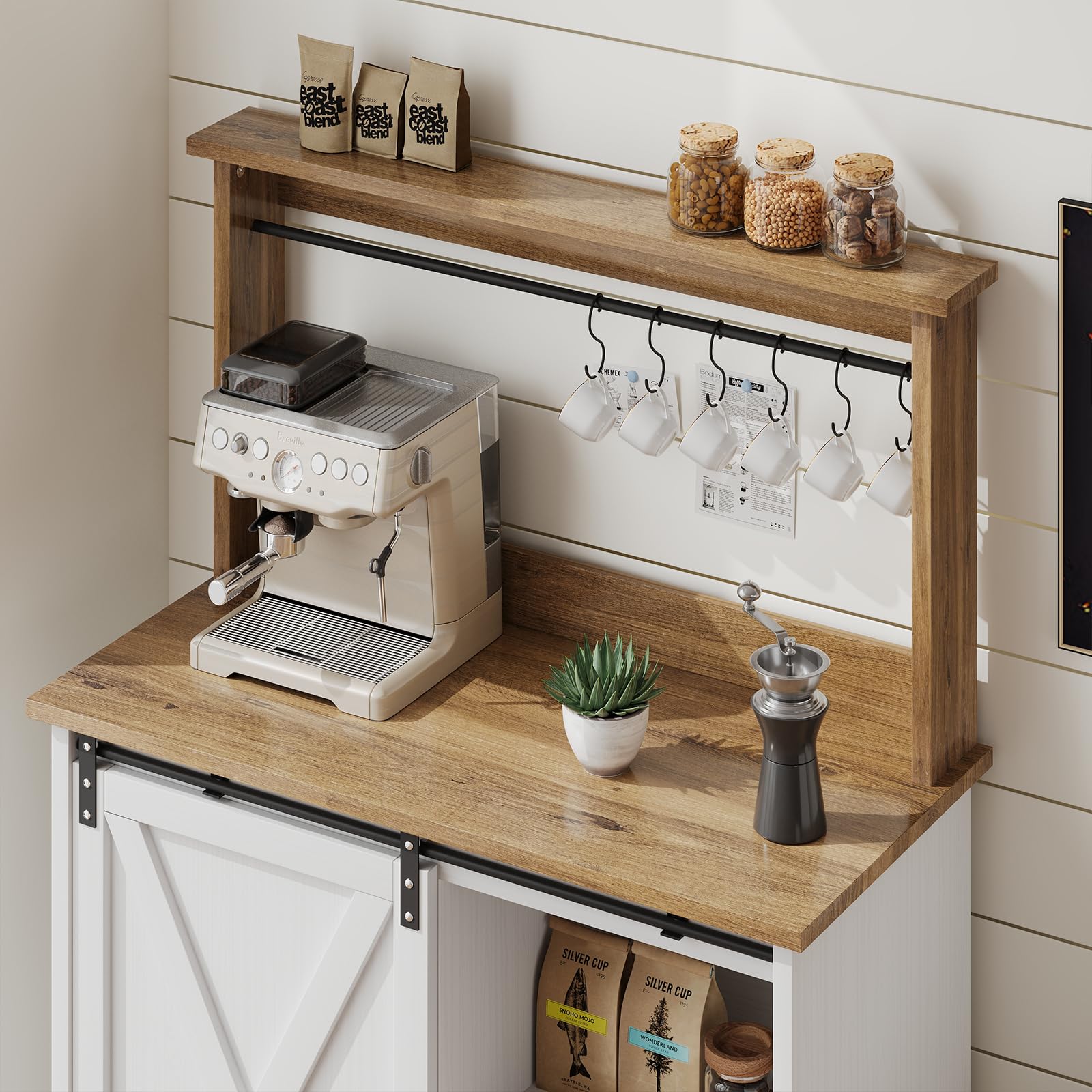 4ever2buy Farmhouse Coffee Bar Cabinet with Sliding Barn Door, 31.5", White