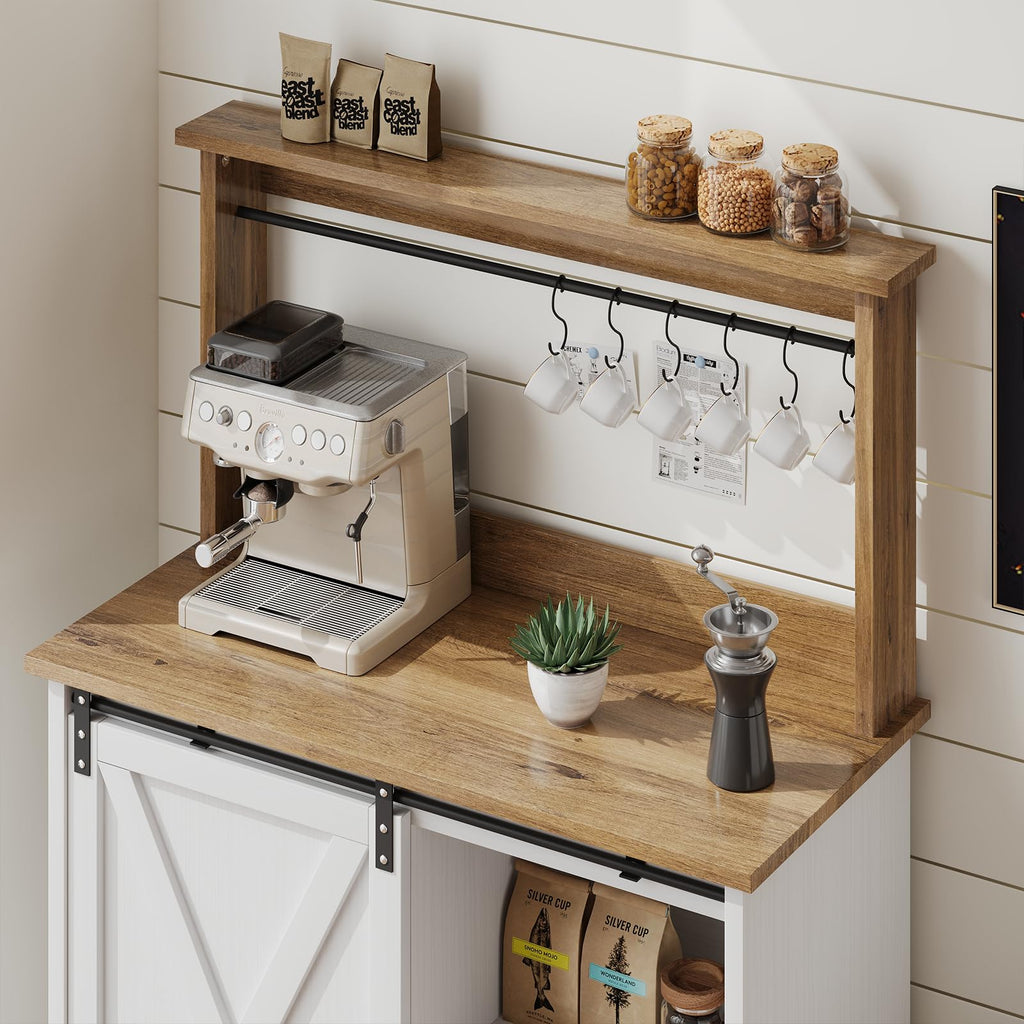 4ever2buy Farmhouse Coffee Bar Cabinet with Sliding Barn Door, 31.5", White