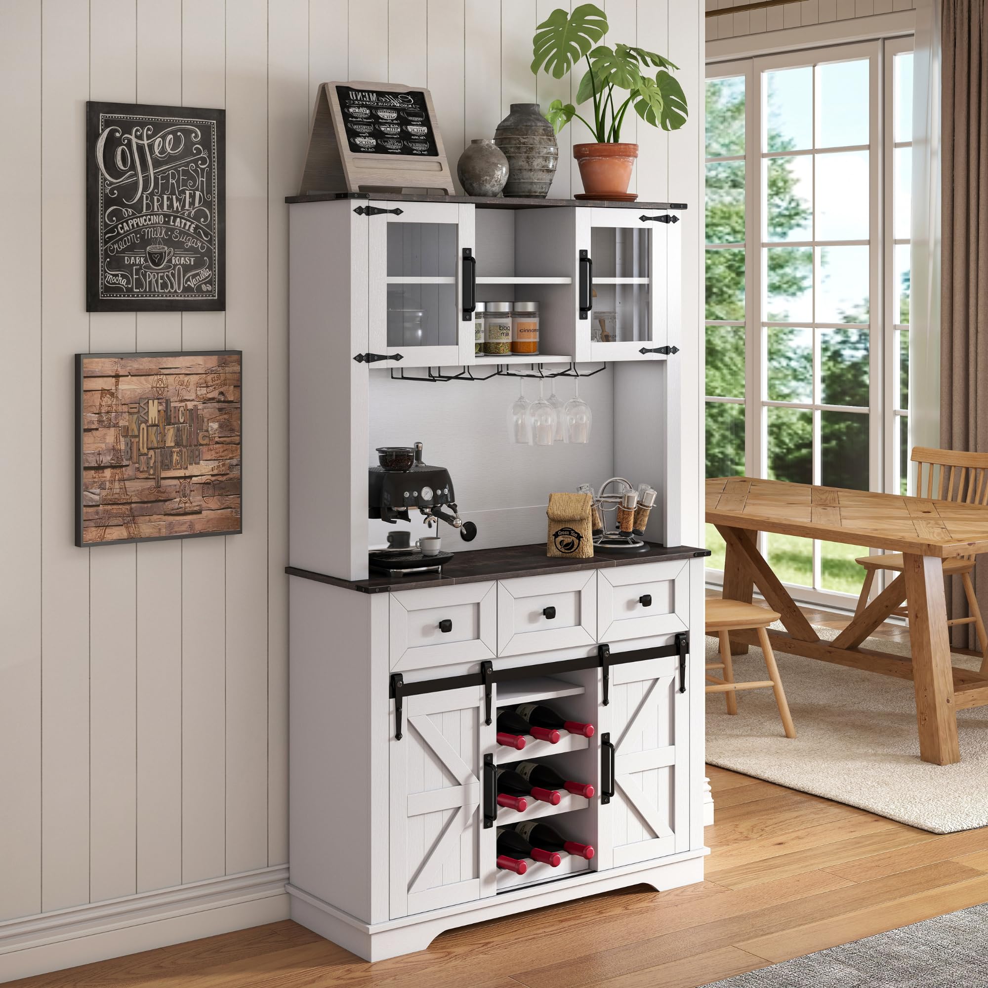 DM Furniture Coffee Bar Cabinet with Sliding Barn Doors 71'' Farmhouse Pantry Cabinet with Drawers & Wine Glass Rack Rustic Buffet Cabinet for Kitchen, White and Black