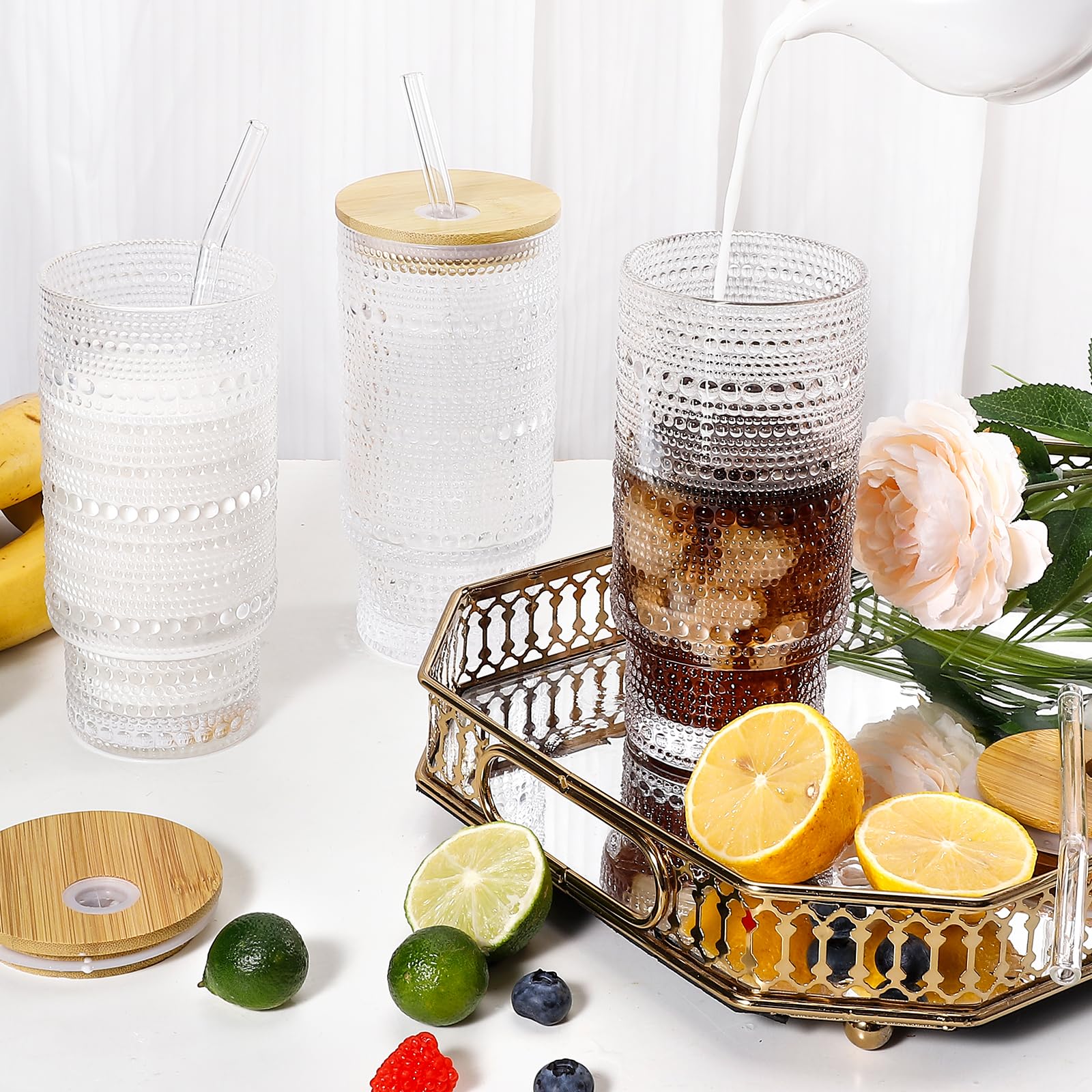 16 Oz Glass Cup with Lid and Straw, Vintage Embossed Glassware for Whiskey Cocktail Beer, Iced Coffee Cup with Lid, Glass Tumbler (1 PACK)