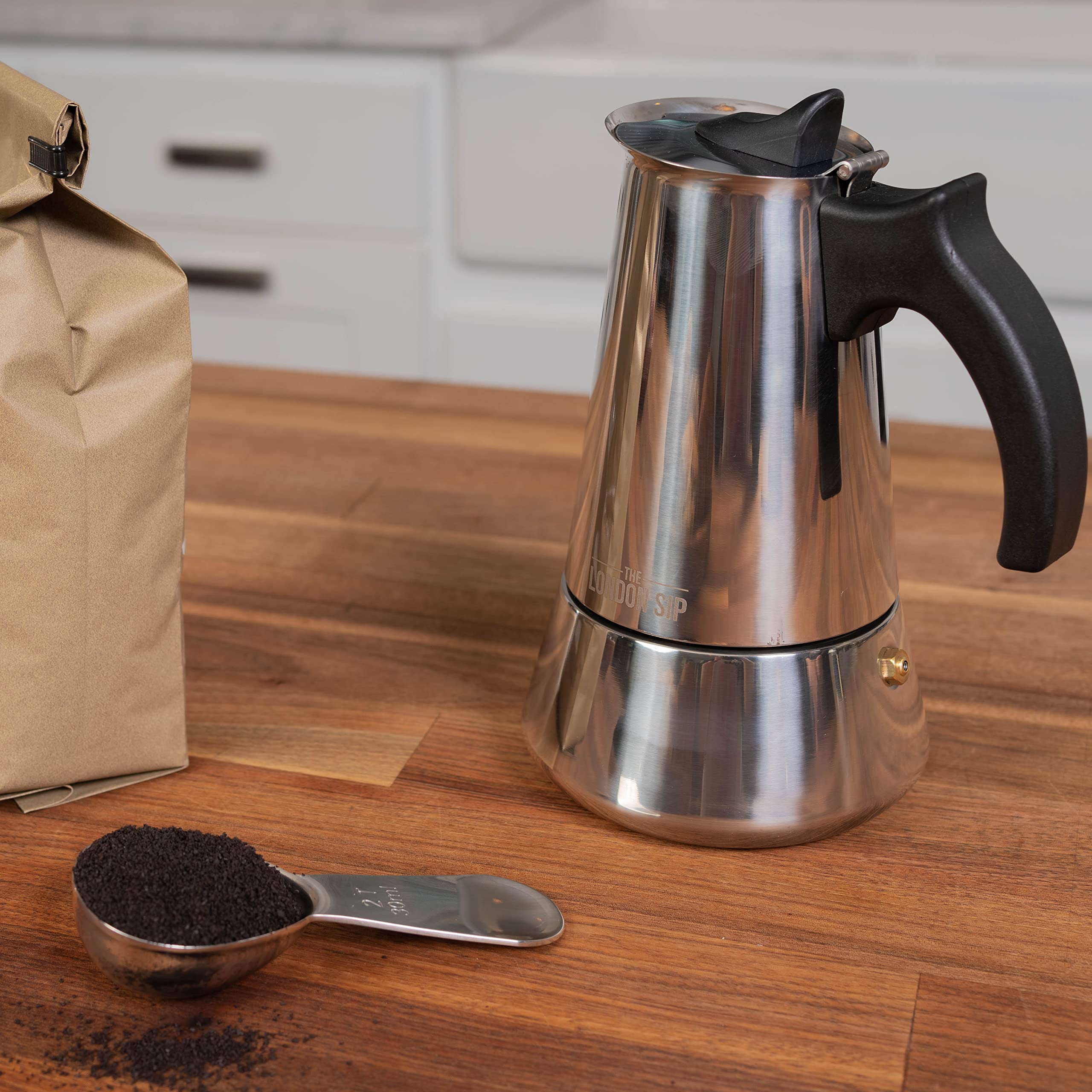 London Sip Stainless Steel Stovetop Espresso Maker Moka Pot Italian Coffee Percolator, Silver, 3 Espresso Cups