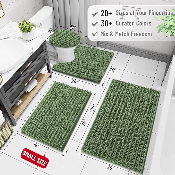 Arotive Luxury Chenille Bathroom Rug Mat, Extra Soft Thick Absorbent Shaggy Bath Rugs, Non-Slip Machine Wash Dry, Plush Bath Mats for Bathroom, Shower and Tub, 30x17, Olive Green