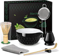 Matcha Whisk Set, 7 Pcs Matcha Kit, Ceramic Matcha Set Includes Matcha Bowl with Spout, Matcha Whisk and Holder, Bamboo Scoop, Scoop Rest, Sifter and Tea Towel (Onyx Black)