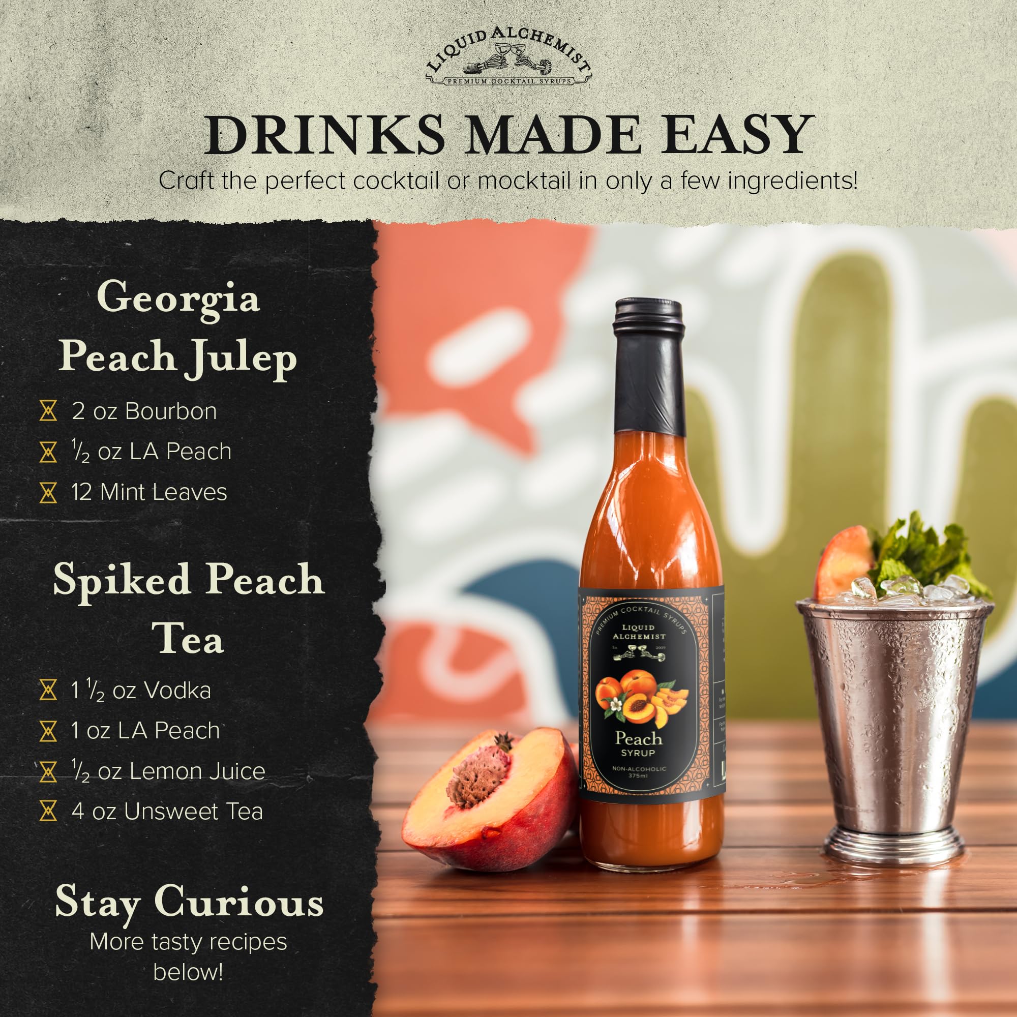 Liquid Alchemist Peach Syrup for Cocktails | Real Ingredients Make our Peach Syrup for Drinks a Perfect Bellini Mix | Small Batch, Non-GMO & Vegan | 25.4 oz Drink Mixer, Pack of 1